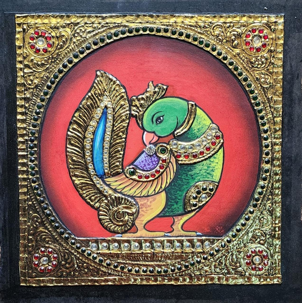 Handcrafted Emerald Parrot Tanjore Painting with Intricate Gold Foil Work