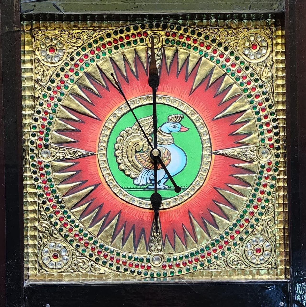 Handcrafted Peacock Motif Tanjore Wall Clock with Gold Foil Embellishments