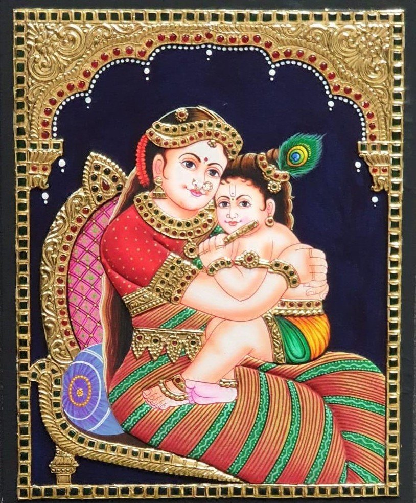 Traditional Tanjore Painting – Yashoda with Baby Krishna | Handmade Gold Foil Art