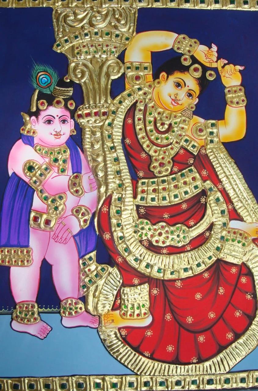 Handcrafted Yashoda and Bala Krishna Tanjore Painting with Gold Foil Embellishments