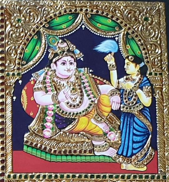 Handcrafted Bala Krishna Tanjore Painting with Royal Attendant and Gold Foil Work
