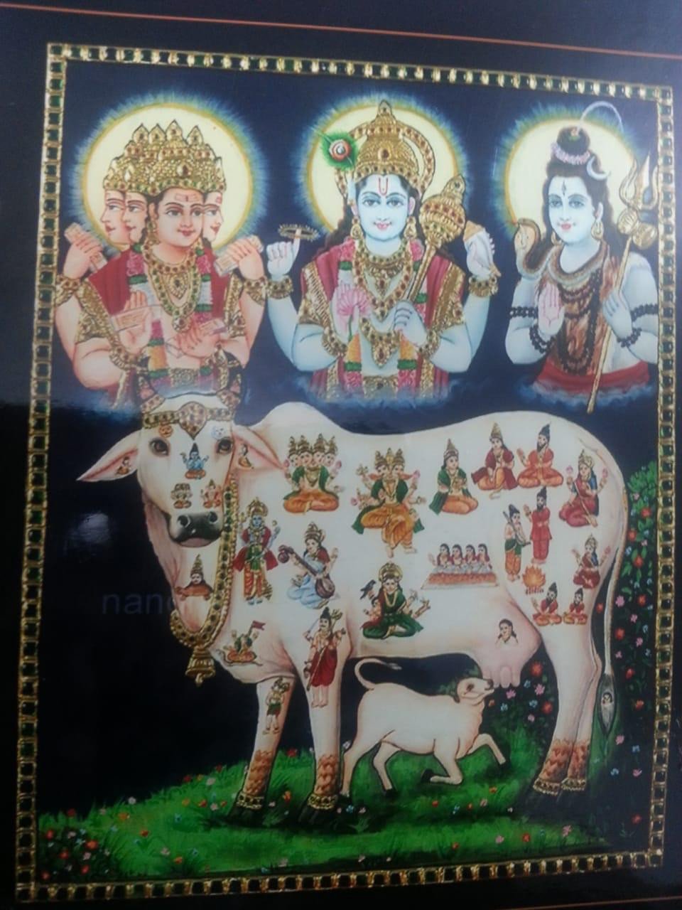 Handcrafted Divine Kamadhenu Tanjore Painting with Traditional Gold Foil Work