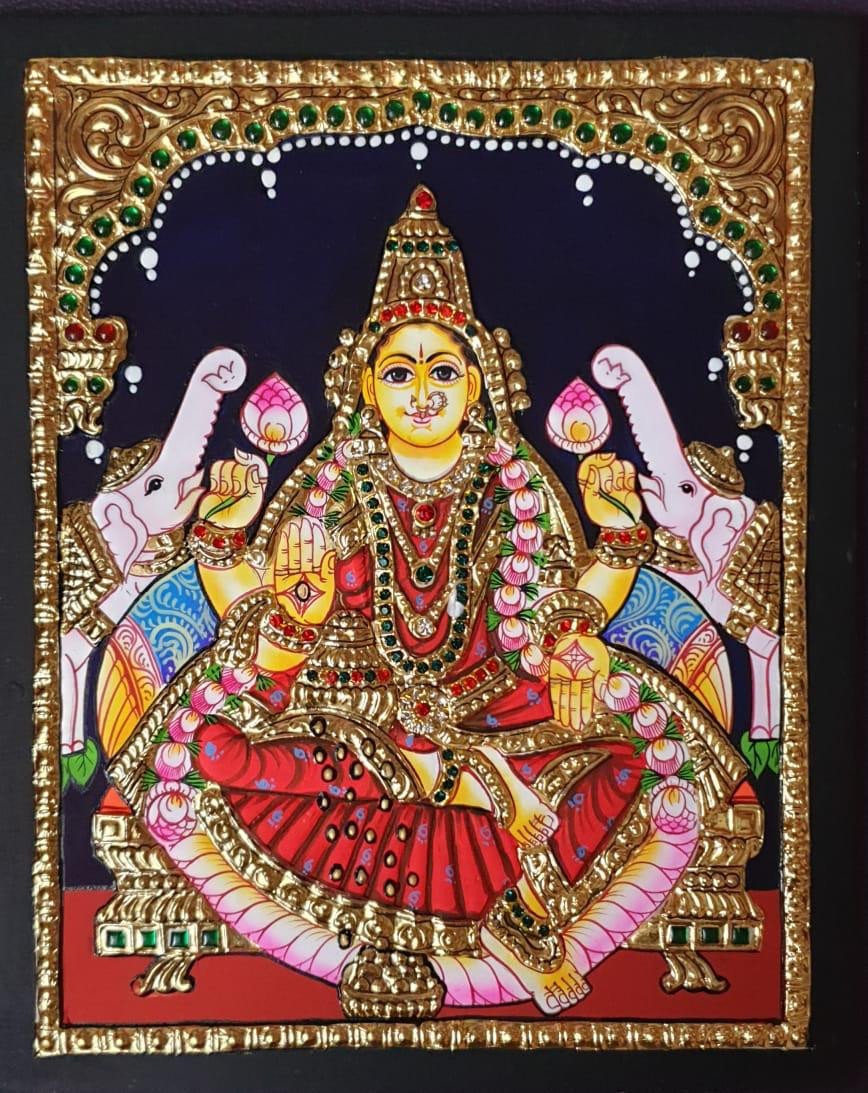 Handcrafted Goddess Lakshmi Tanjore Painting with Traditional Gold Foil Embellishments