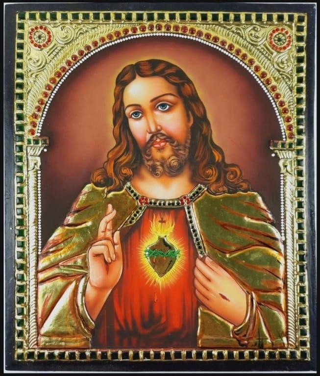 Handcrafted Sacred Heart of Jesus Tanjore Painting with Gold Foil Work