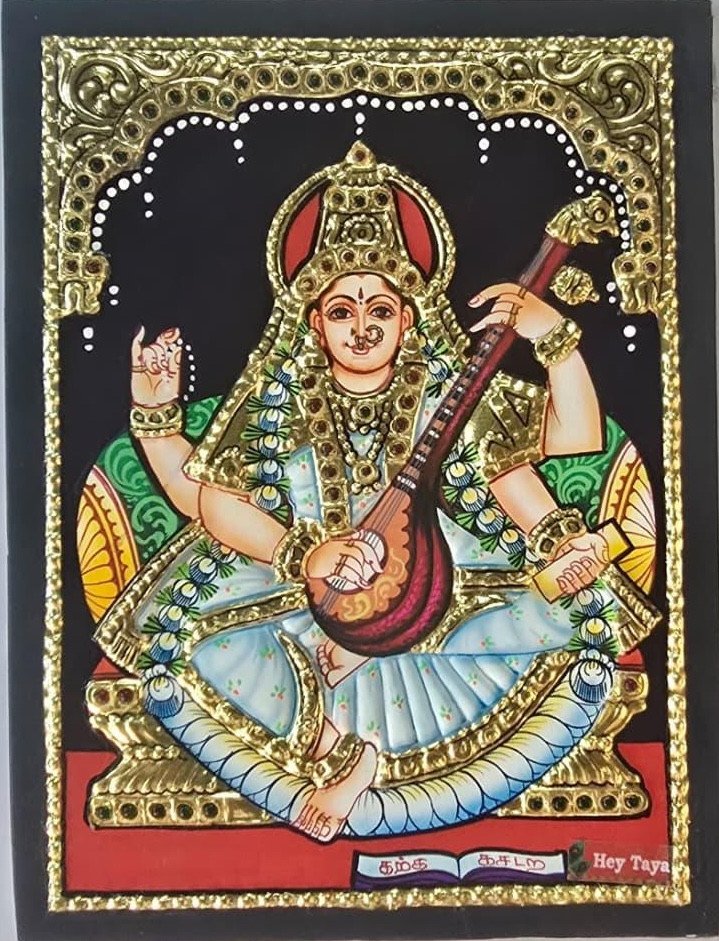 Handcrafted Goddess Saraswati Tanjore Painting with Gold Foil Embellishments