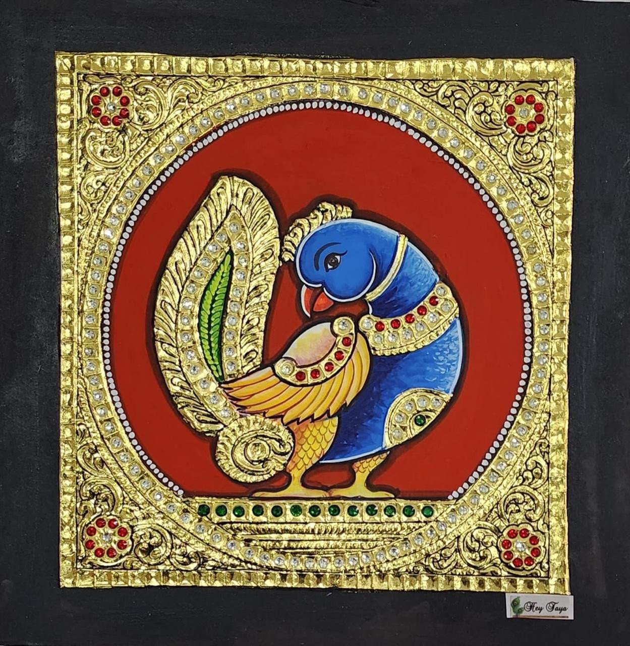 Handcrafted Royal Blue Parrot Tanjore Painting with Gold Foil Embellishments