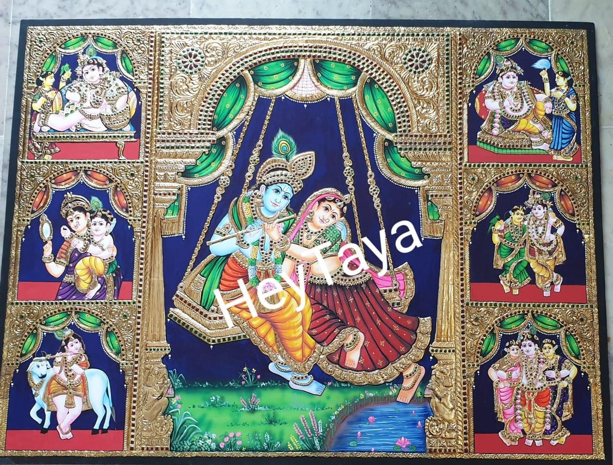 Handcrafted Radha Krishna Jhula Leela Tanjore Painting with Gold Foil Work