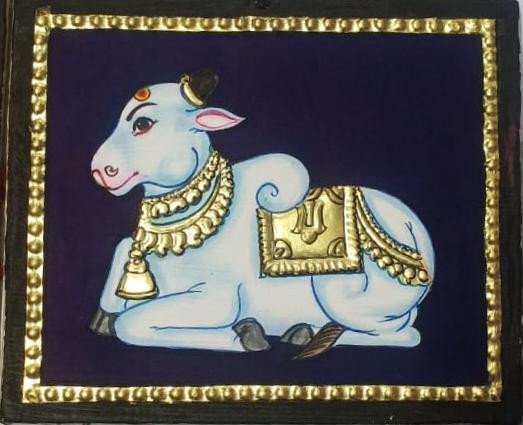 Handcrafted Sacred Kamadhenu Cow Tanjore Painting with Gold Foil Work