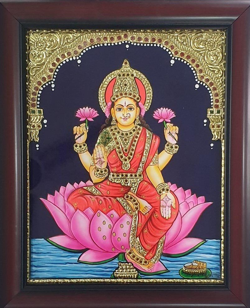 Traditional Tanjore Lakshmi Painting with Wooden Frame