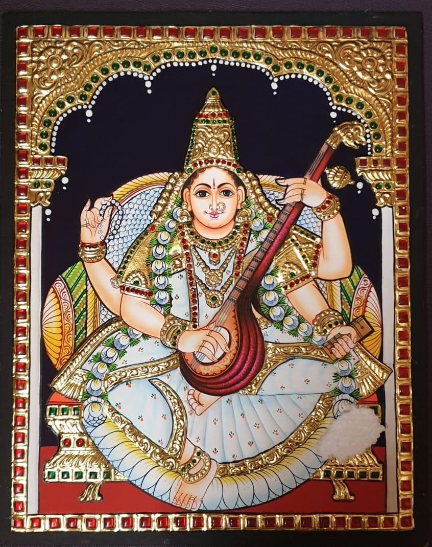 Goddess Saraswati Tanjore Painting – Traditional Handmade Gold Foil Art