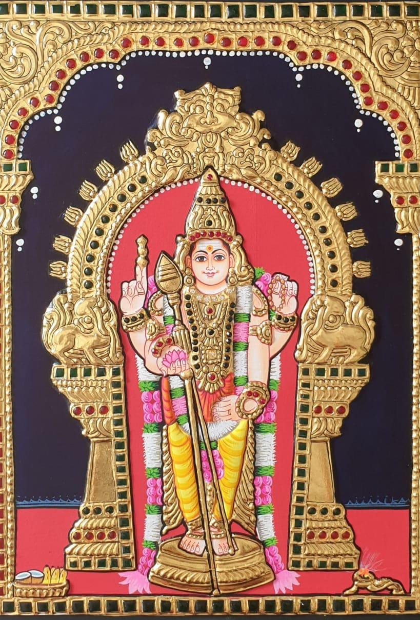 Traditional Lord Murugan Tanjore Painting with Gold Foil Embossed Artwork