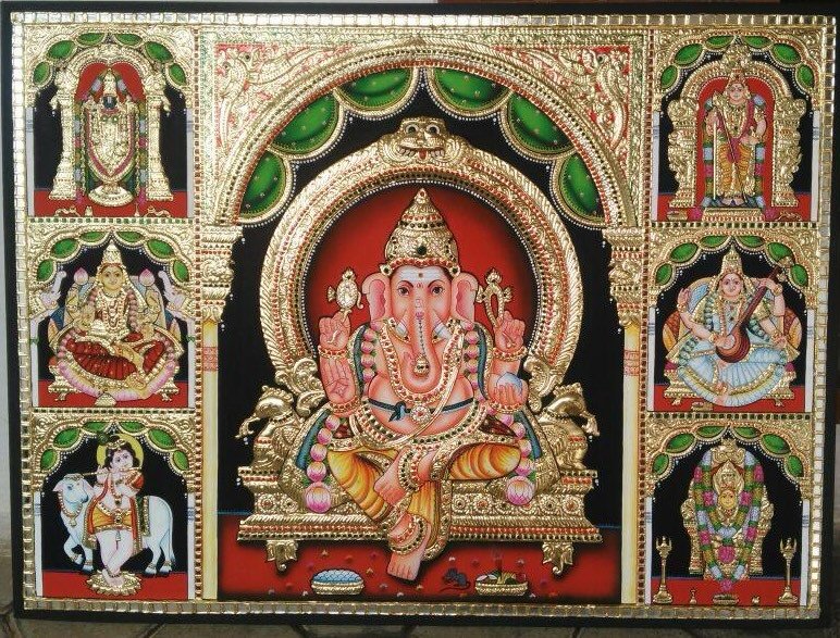 Handcrafted Lord Ganesha Tanjore Painting with Ashta Lakshmi & Divine Deities Panel