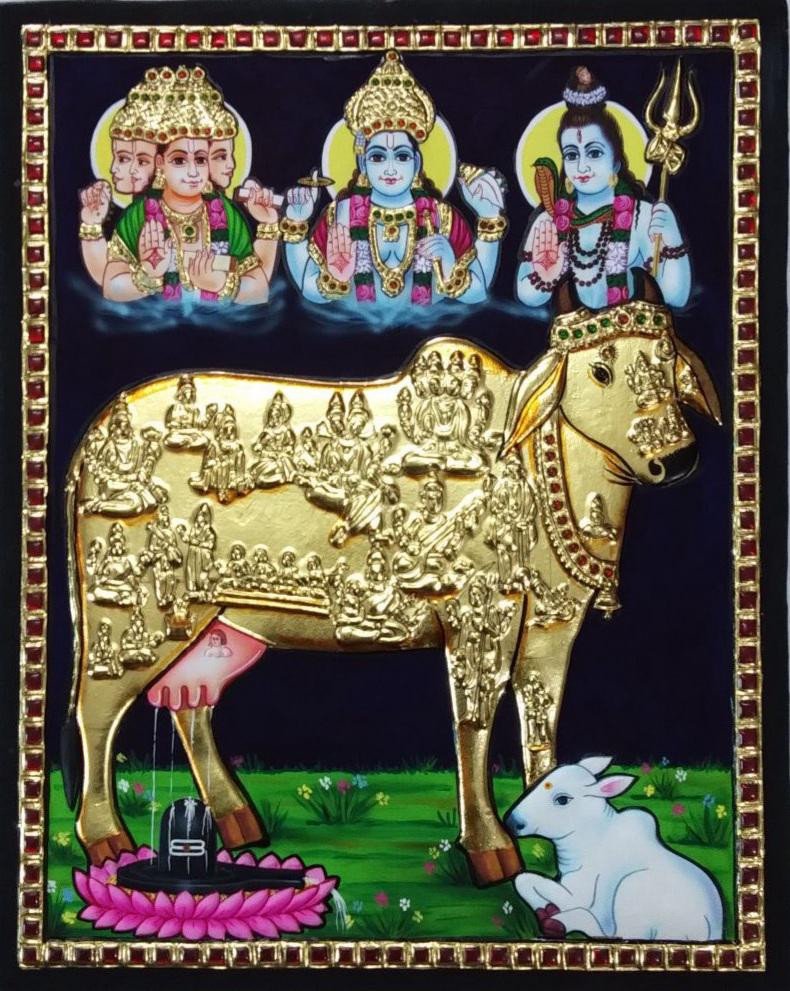 Kamadhenu Cow Tanjore Painting – Sacred Divine Gold Foil Artwork