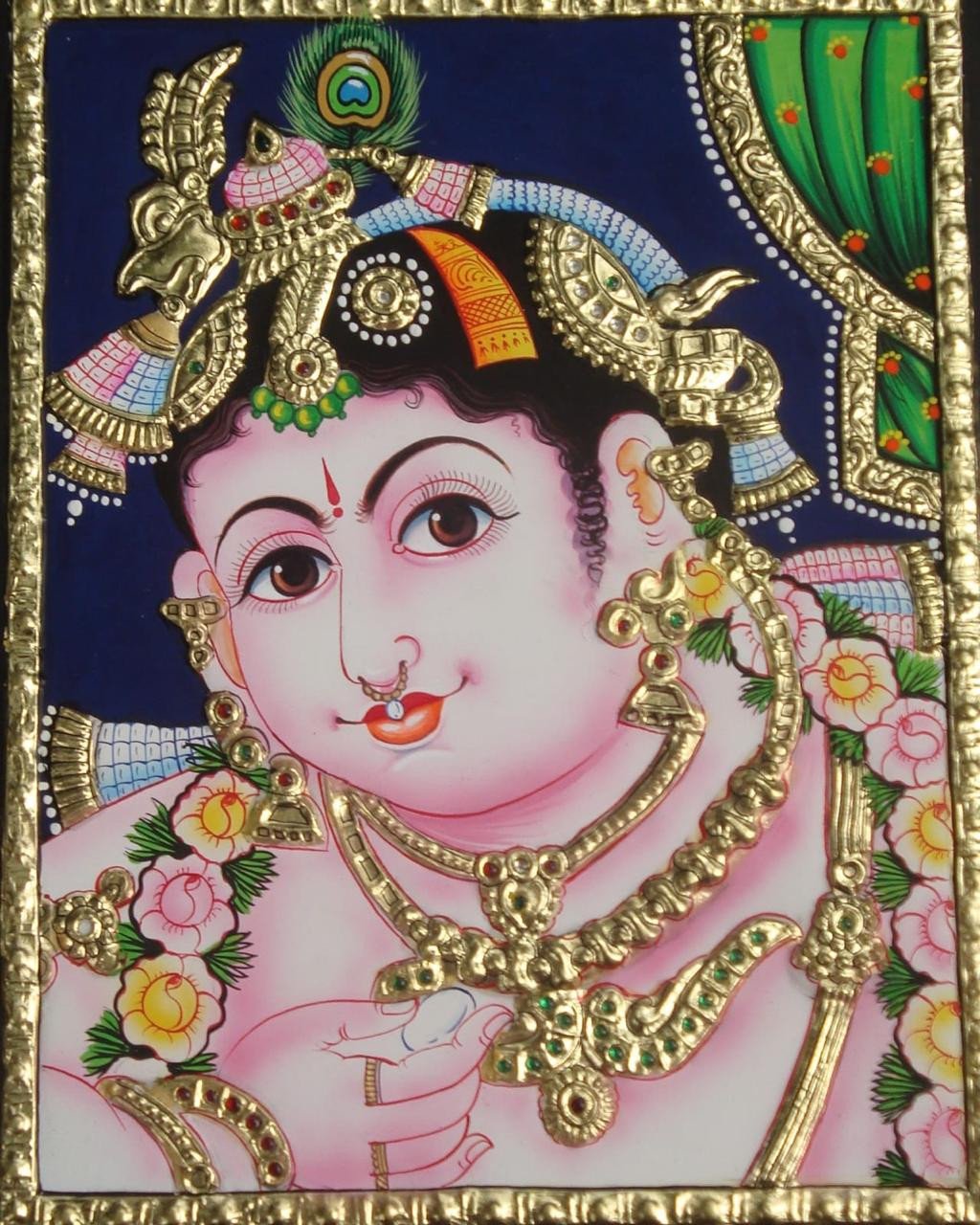 Handcrafted Bala Krishna Tanjore Painting with Intricate Gold Foil Work