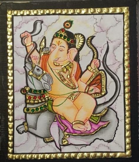 Handcrafted Lord Ganesha on Mooshika Tanjore Painting with Gold Foil Work